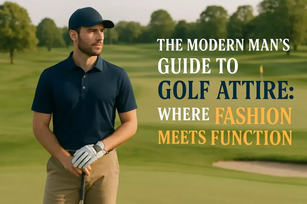 Man in golf attire stands on a golf course beside text about modern mens golf fashion and function.