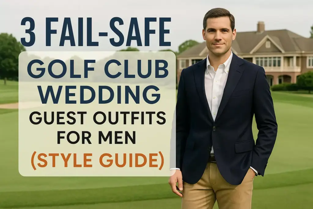Man in a navy blazer and khakis standing on a golf course; text about golf club wedding outfits for men.