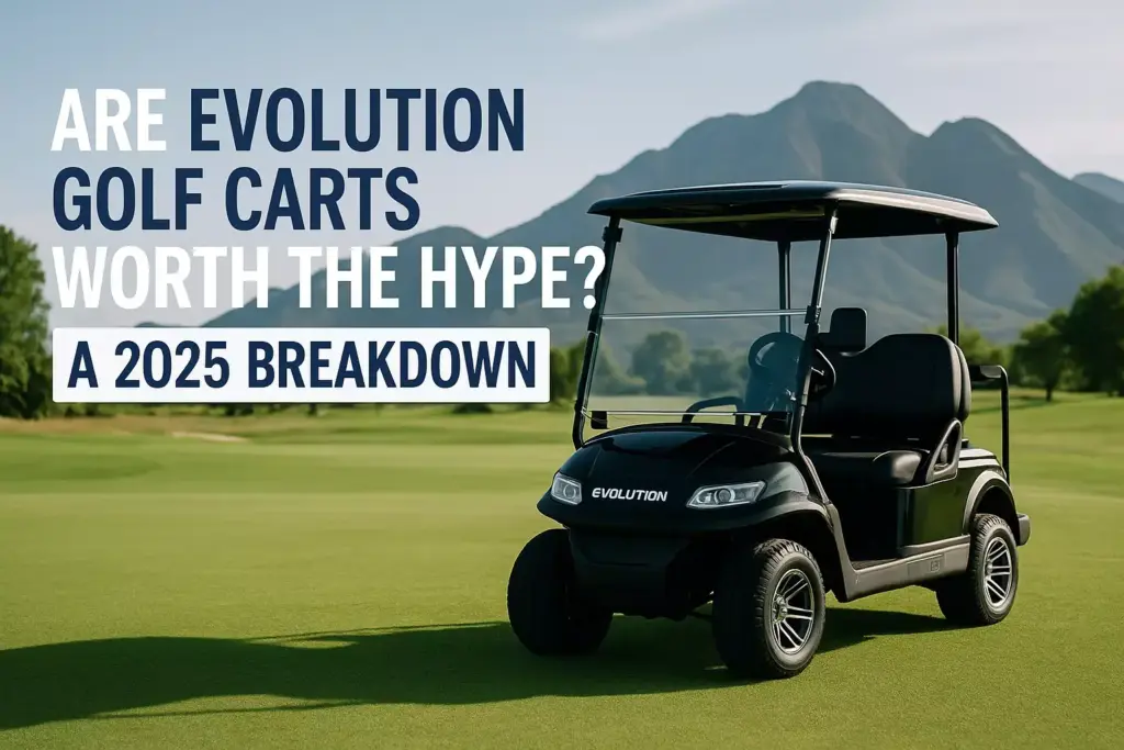 Black Evolution golf cart on a golf course with mountains, text asks if theyβre worth the hype for 2025.