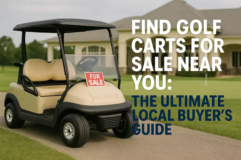 A golf cart with a For Sale sign parked on grass in front of a clubhouse, text about buying golf carts.