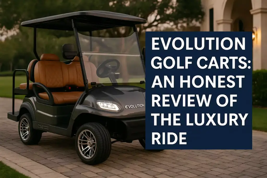 A luxury Evolution golf cart parked on a driveway with text: An honest review of the luxury ride.