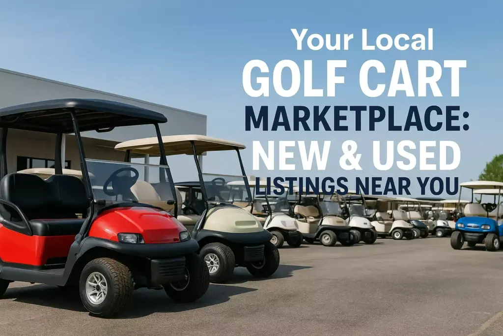A row of golf carts parked outside with text advertising a local golf cart marketplace for new and used listings.