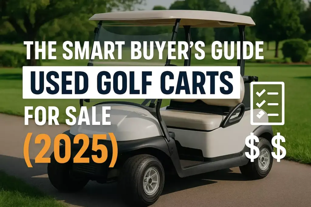 A white golf cart on a path with text: The Smart Buyer’s Guide Used Golf Carts for Sale (2025).