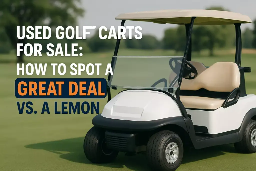 A white golf cart on a golf course with text about spotting a great deal vs. a lemon when buying used carts.