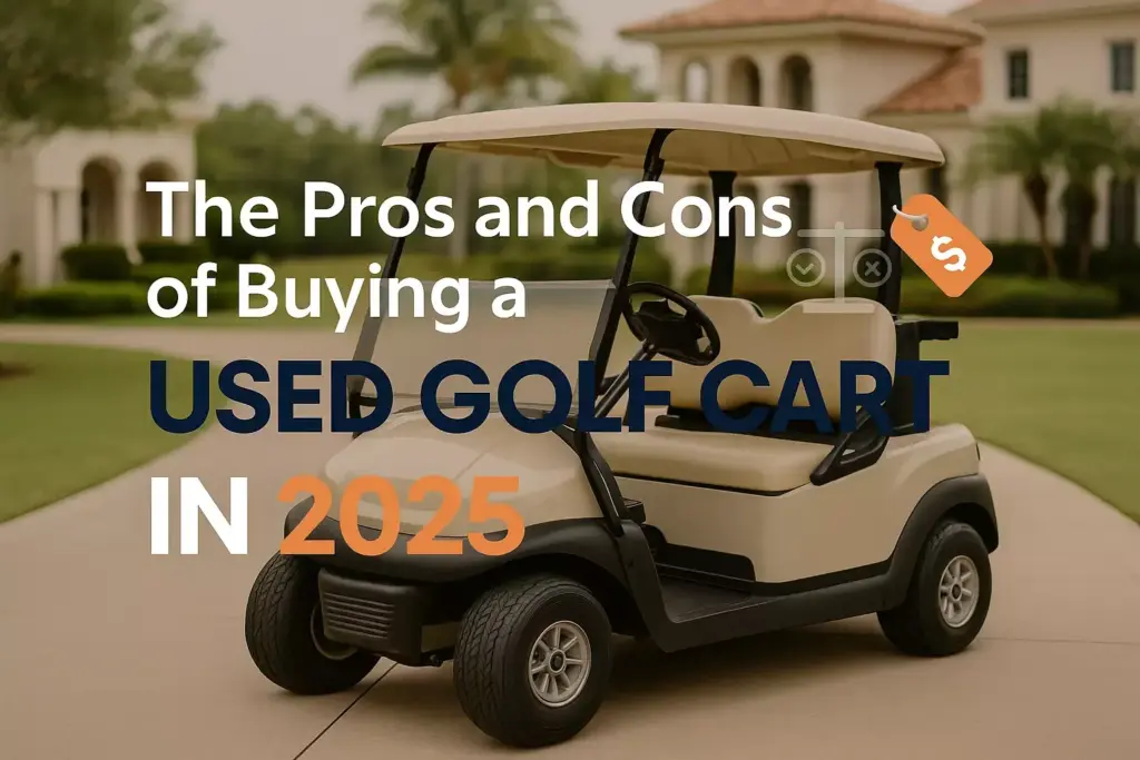 A beige golf cart on a driveway with text about the pros and cons of buying a used golf cart in 2025.