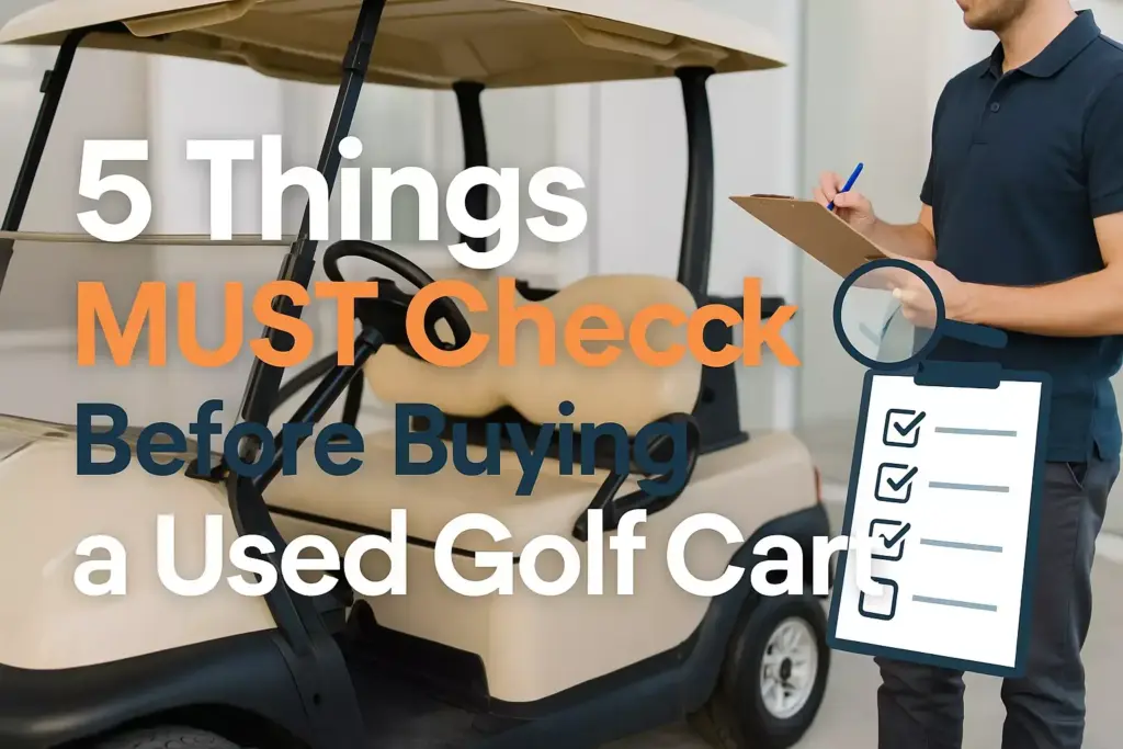 A person with a clipboard stands by a golf cart with text about buying a used golf car.