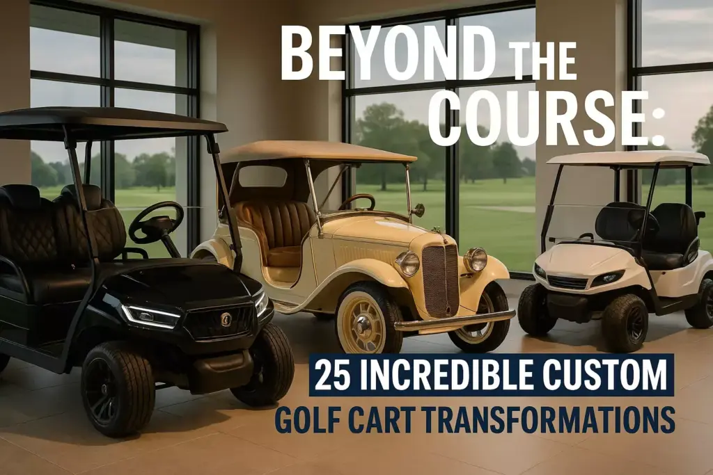 Three custom golf carts, including a vintage car style, displayed indoors with large windows and golf course view.