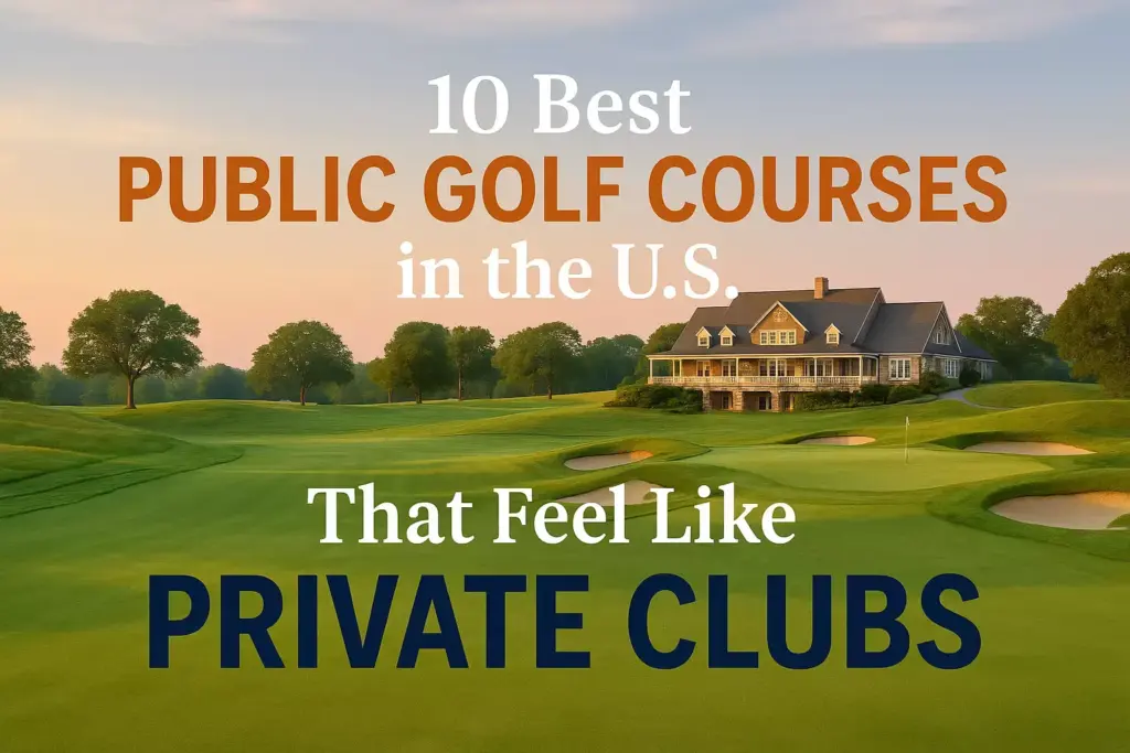 A golf course with a clubhouse; text reads: 10 Best Public Golf Courses in the U.S. That Feel Like Private Clubs.