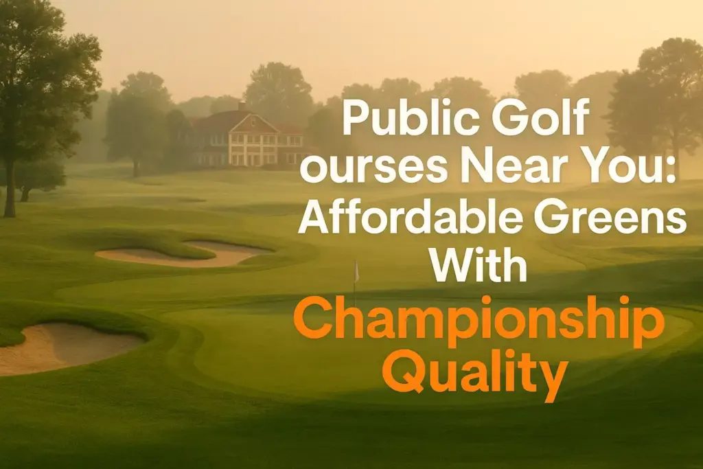 Golf course at sunrise with clubhouse, sand traps, and text promoting affordable championship-quality courses.