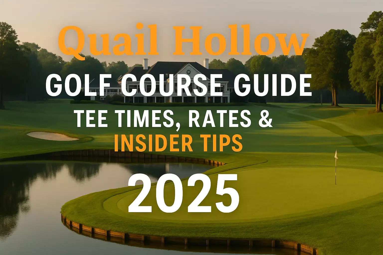 Quail Hollow golf course with a clubhouse, tee and water; text: course guide, rates, tips, 2025.