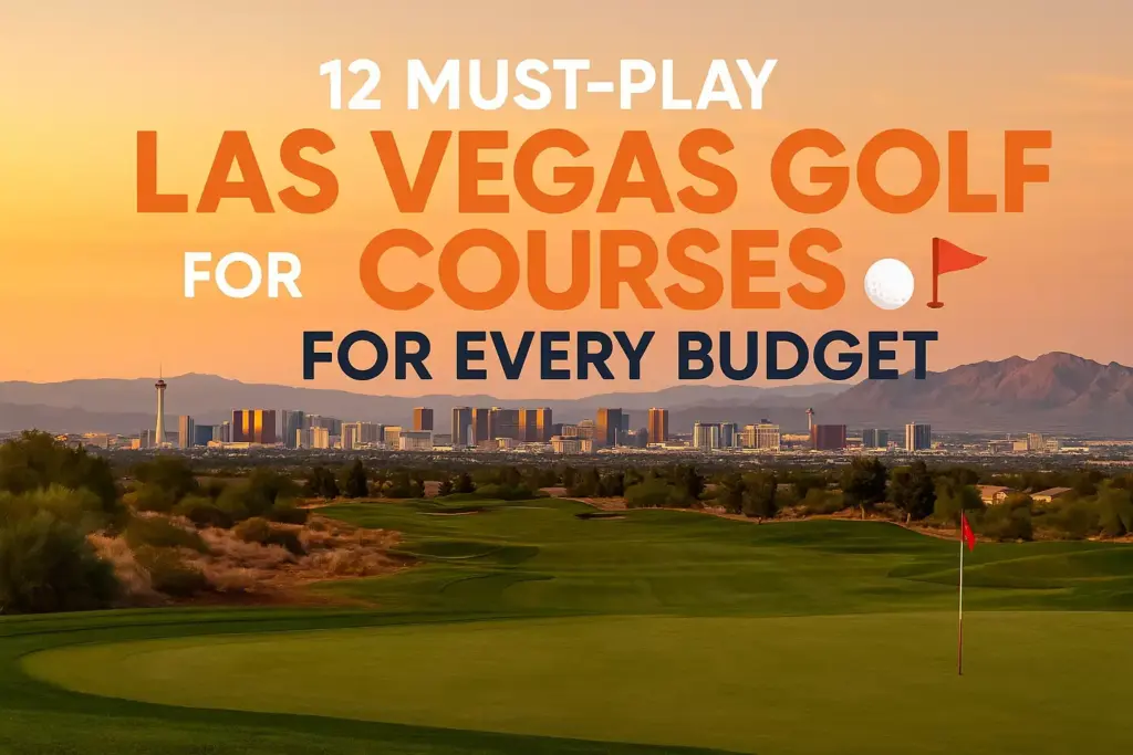 A golf course at sunset with Las Vegas skyline in the background and bold text about must-play golf courses.