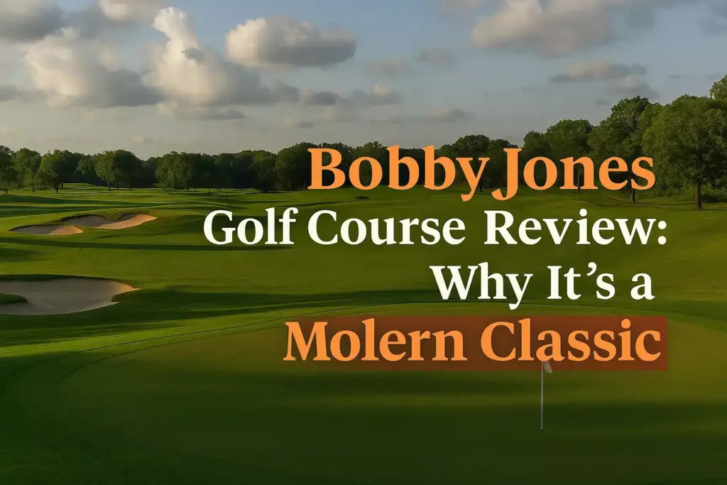 Golf course with sand traps at sunset, text reads: Bobby Jones Golf Course Review: Why It’s a Modern Classic.