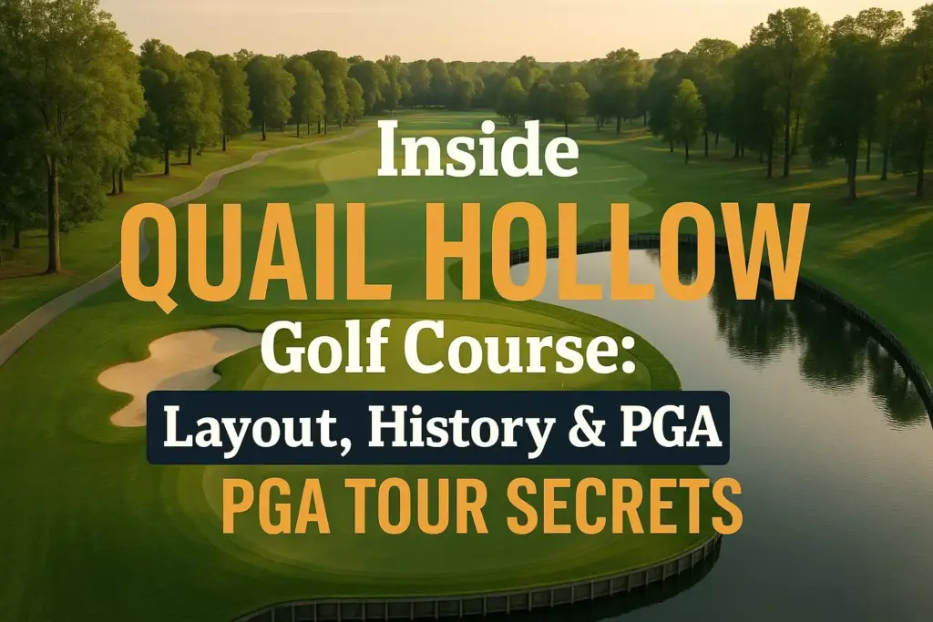 Aerial view of Quail Hollow golf course with text about its layout, history, and PGA Tour secrets.