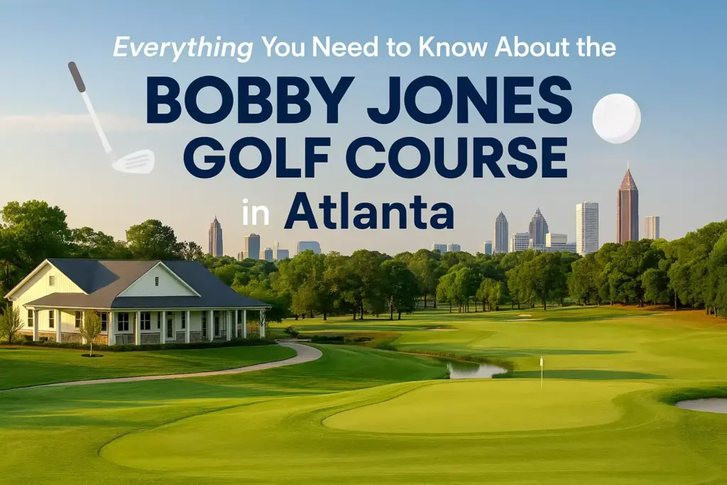A golf course with a clubhouse, city skyline, and text: Bobby Jones Golf Course in Atlanta.