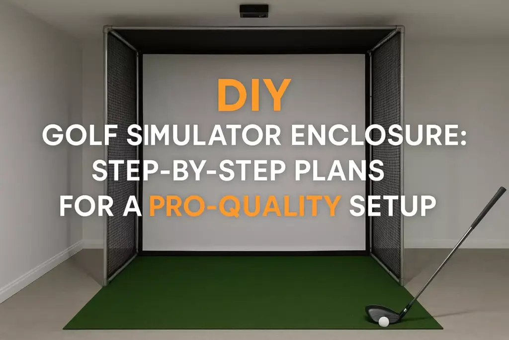 Golf simulator enclosure with screen, mat, and clubs; text overlay about DIY step-by-step plans for a setup.