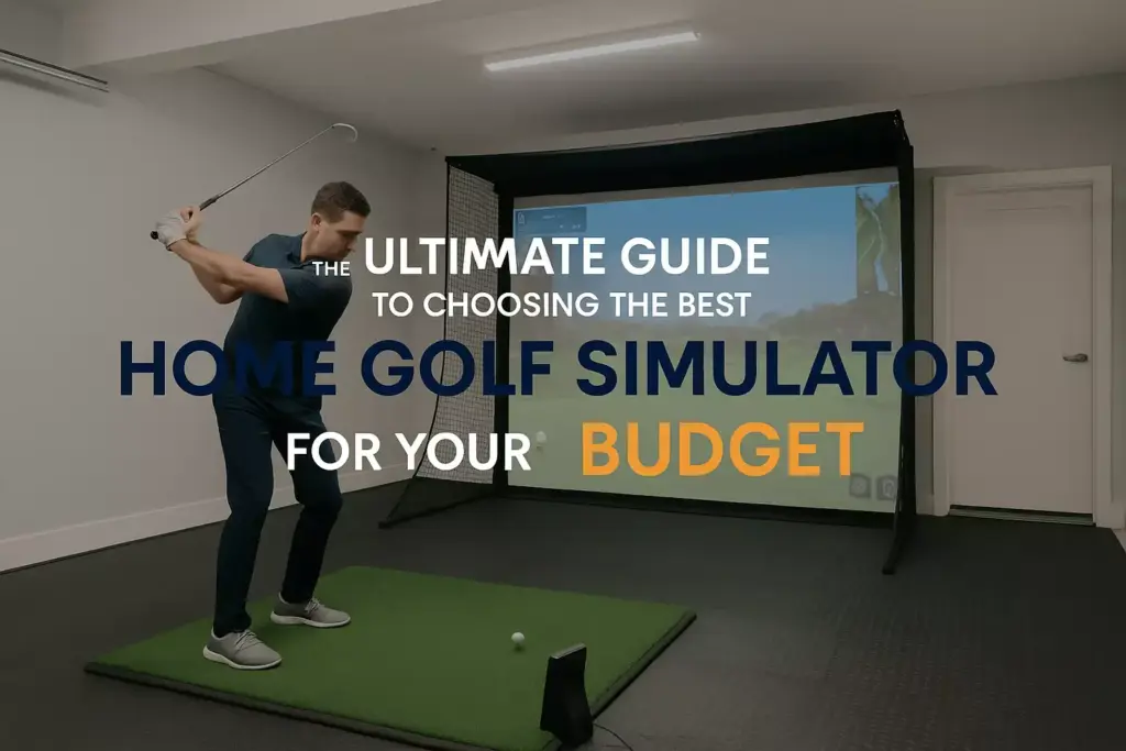 A man swings a golf club in front of a golf simulator with text about choosing a home golf simulator.