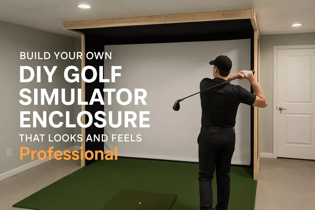 Man swinging a golf club in a home golf simulator enclosure with text about building a DIY golf simulator.