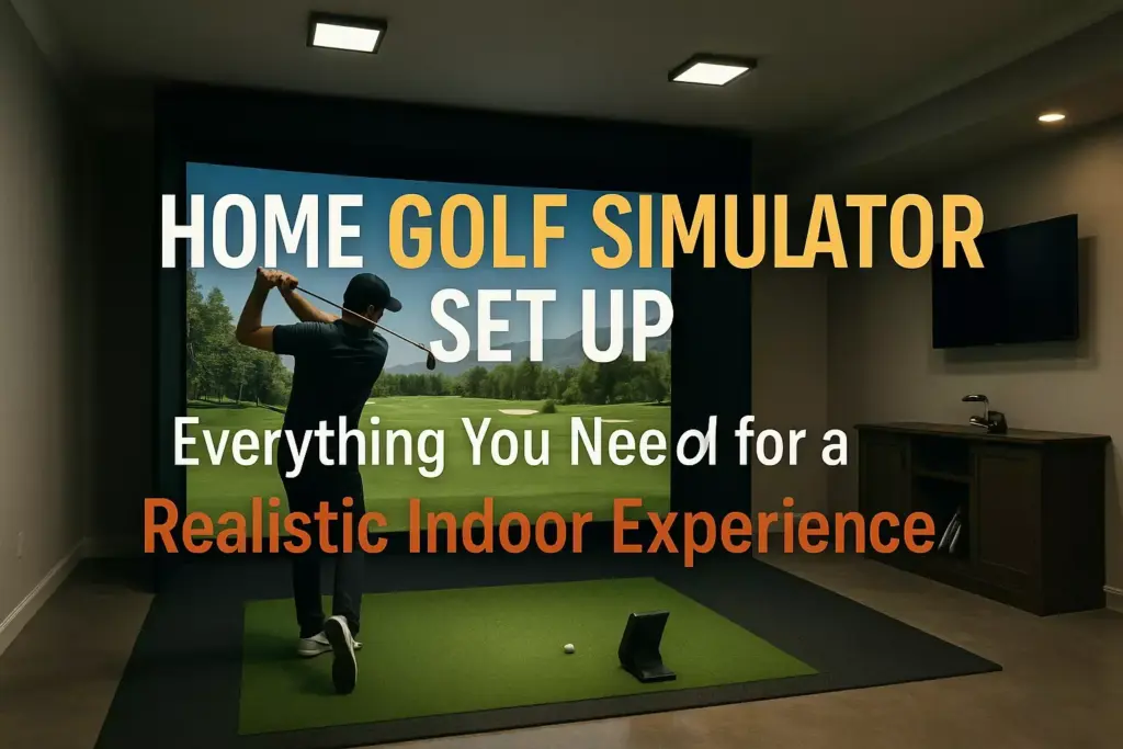 A man swings a golf club in a home golf simulator room with the text: Home Golf Simulator Set Up.