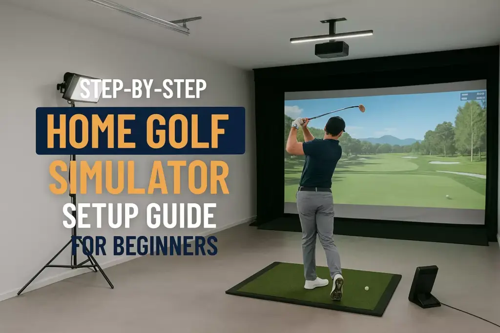 Man swinging golf club in indoor simulator, text reads: Home Golf Simulator Setup Guide for Beginners.