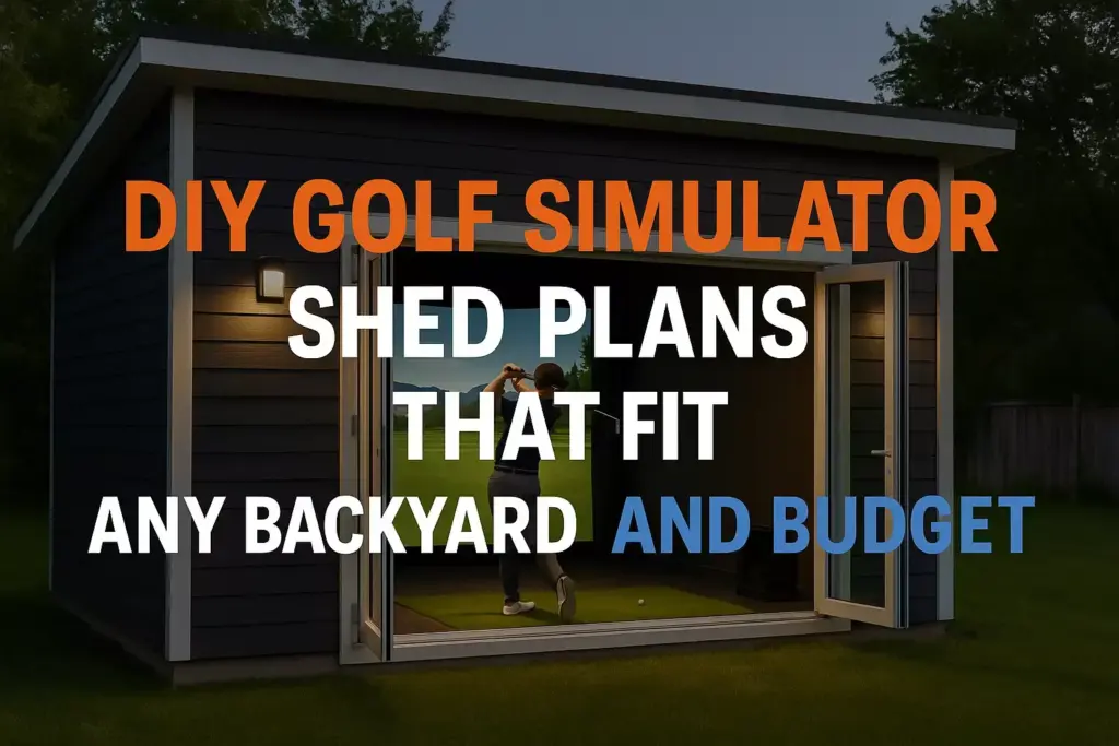 A person swings a golf club in a backyard shed at dusk with large text about DIY golf simulator plans.