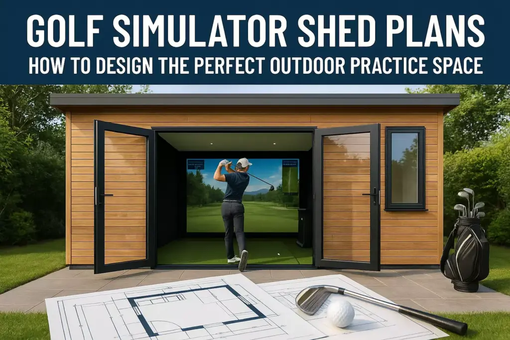 A person uses a golf simulator in a shed; blueprints, a club, and a ball are visible in the foreground.