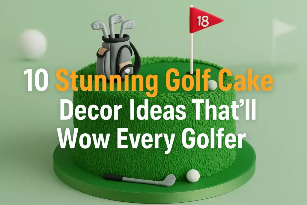 Round green golf cake with golf bag, clubs, flag, ball, and club, with text about golf cake decor ideas.