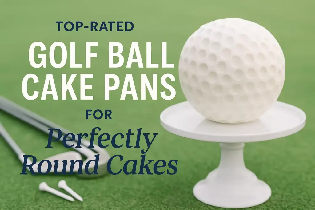 A round cake shaped like a golf ball on a stand, with golf clubs and text about golf ball cake pans.