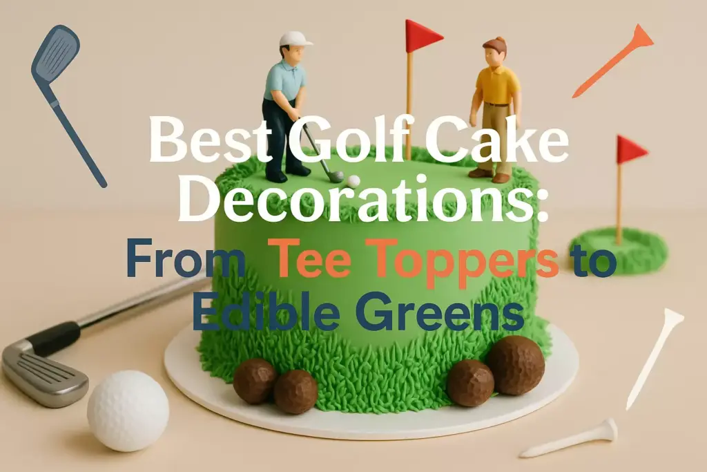 Two golfer cake toppers on a green golf-themed cake with flags, golf balls, and clubs around it.