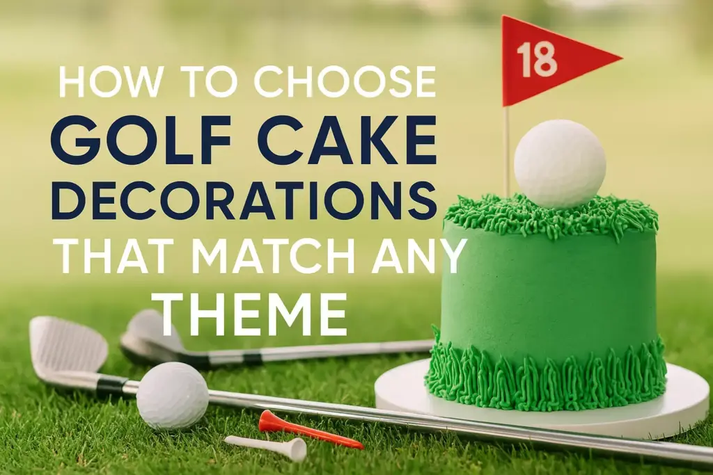 Green golf-themed cake with a golf ball topper and flag, surrounded by golf clubs and balls on grass.