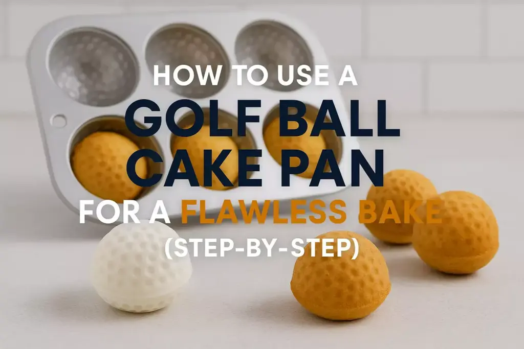 A golf ball cake pan with round, golf ball-shaped cakes on a counter; text explains how to use the pan.