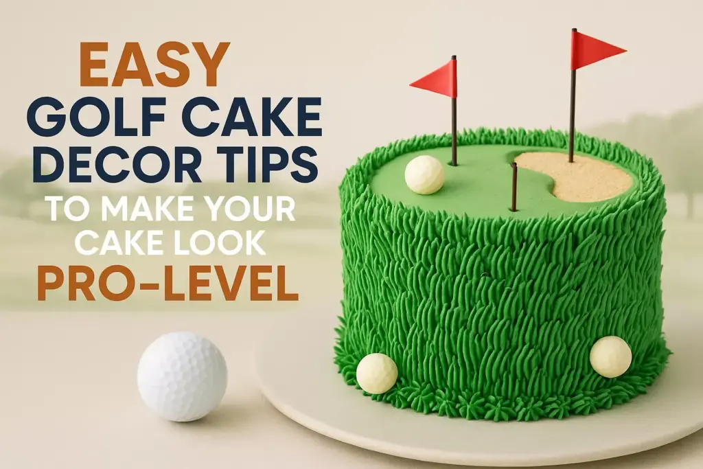 Round cake decorated as a golf course with flags and golf balls, beside golf-themed text about cake decorating tips.