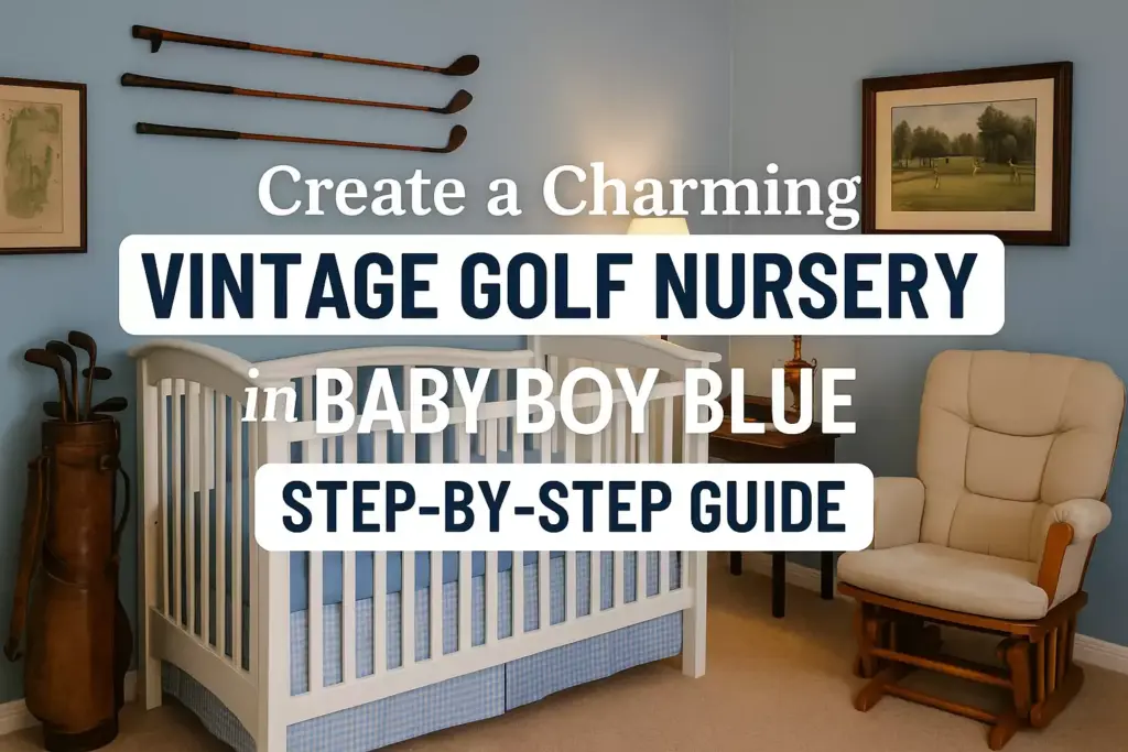 A baby boy’s blue nursery with golf decor, crib, rocking chair, and vintage golf clubs on the wall.