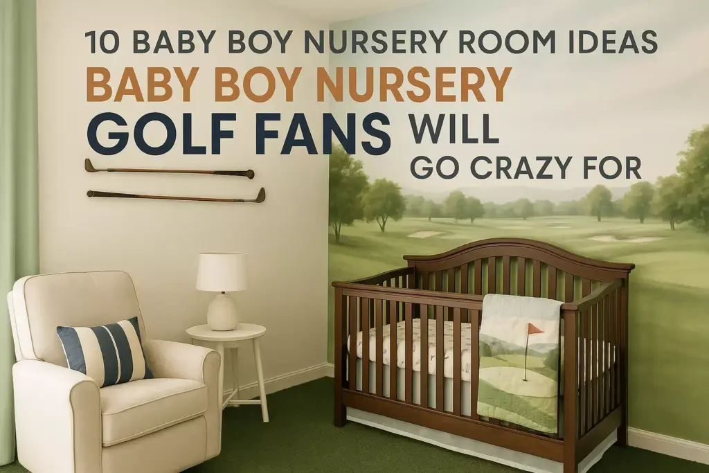 Golf-themed baby boy nursery with a crib, armchair, golf mural, and crossed golf clubs on the wall.