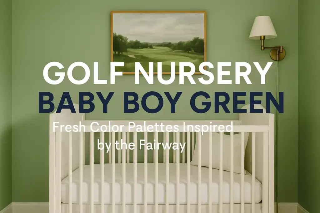A white crib in a green nursery with golf-themed decor and text promoting baby boy green color palettes.