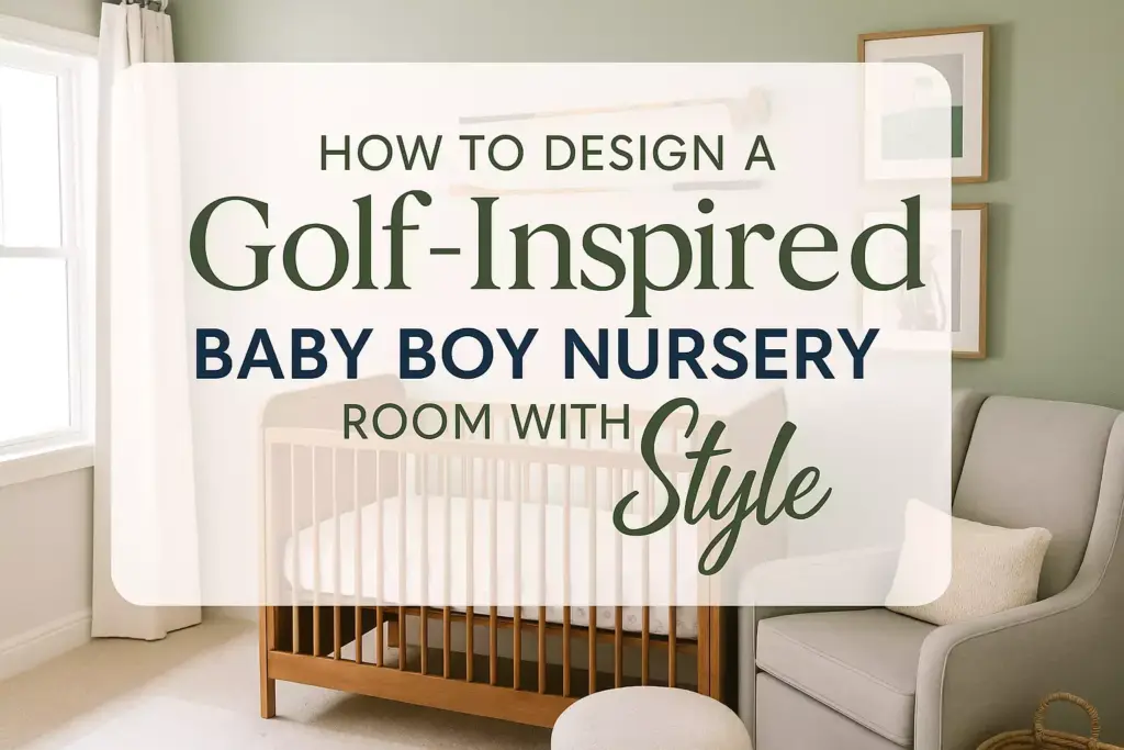 Golf-inspired baby boy nursery with crib, armchair, and green decor; text overlay about room design.