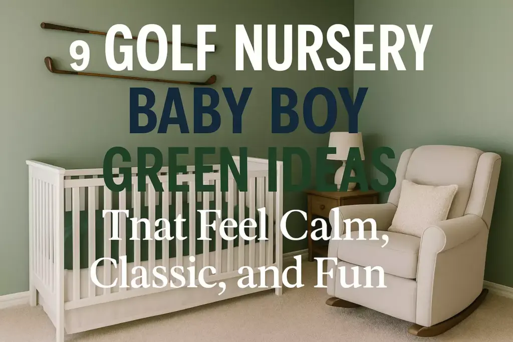 A green nursery with a crib, armchair, and golf-themed decor; text overlays nursery design ideas.