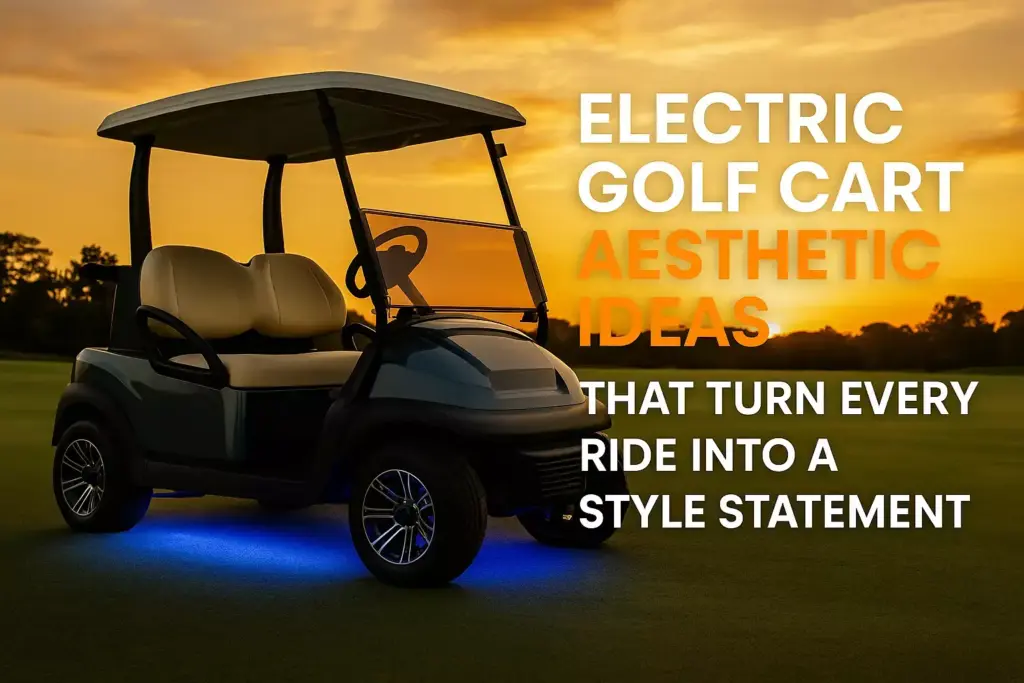 A golf cart with blue lights is parked on grass at sunset, with bold text about electric golf cart aesthetics.
