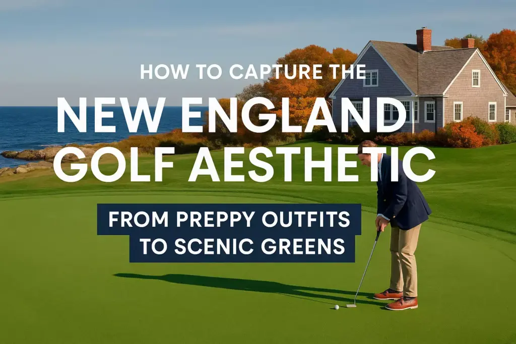 Man putting on a golf green near a coastal house with autumn trees; text about New England golf aesthetic.