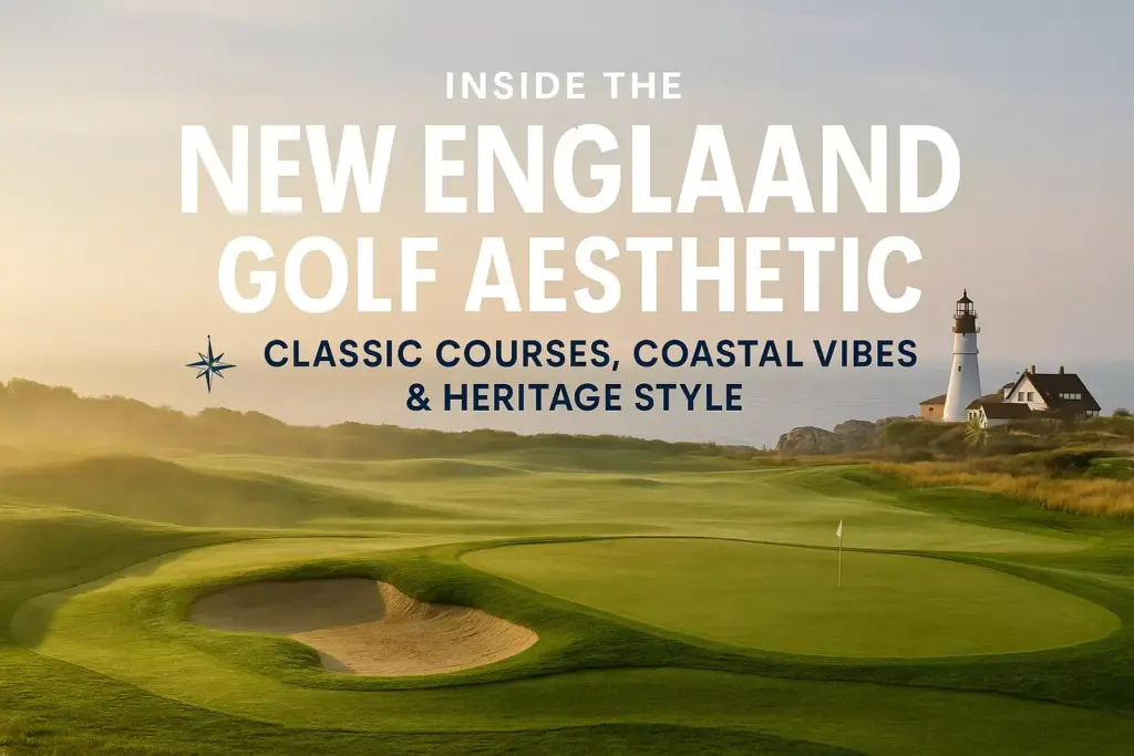 Golf course by the coast at sunrise with a lighthouse; text reads βNew England Golf Aesthetic.β.