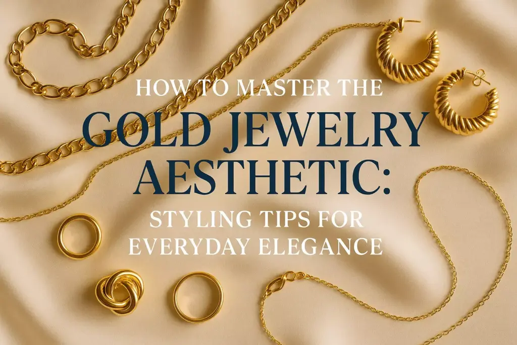 Gold jewelry pieces on beige satin with text about mastering gold jewelry styling for everyday elegance.