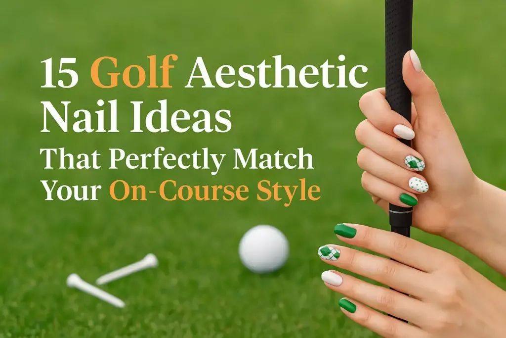 Woman with green and white golf-themed nails holding a club; golf ball and tees on grass, text overlay.