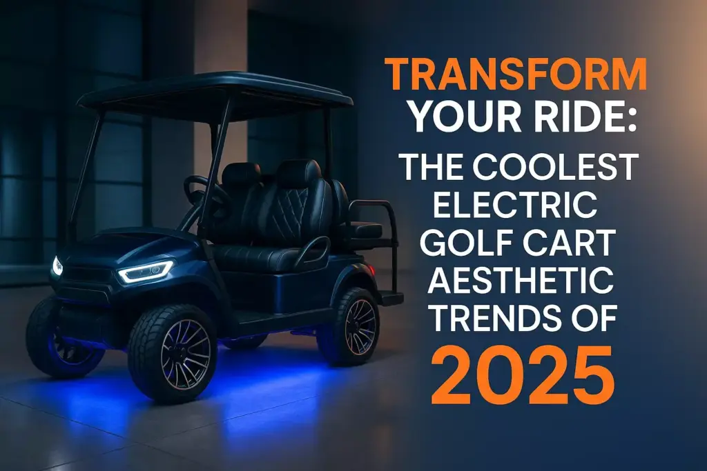 Sleek electric golf cart with blue underglow lights beside text about 2025 aesthetic trends.