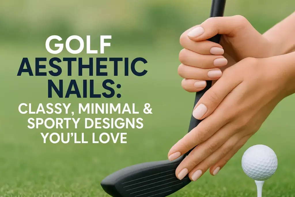 Woman with neatly manicured nails holding a golf club beside a golf ball on grass, text about golf nail designs.