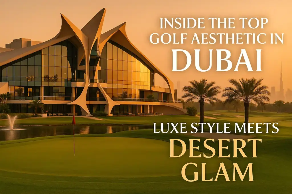 Modern Dubai golf club at sunset, with palm trees and text about luxury and desert golf aesthetics.