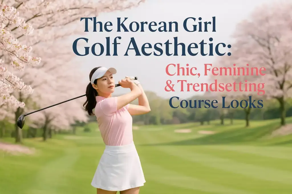 A woman golfer in pink and white attire swings on a lush course with cherry blossoms; text overlays the image.