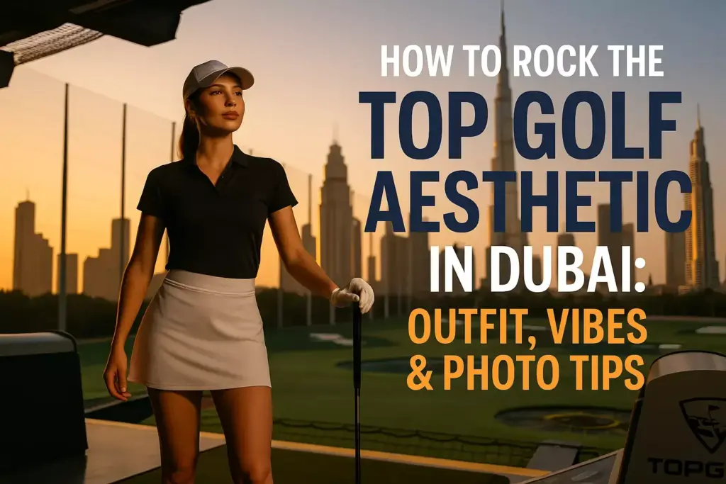 Woman in golf attire poses at a driving range in Dubai at sunset, with city skyline in the background.