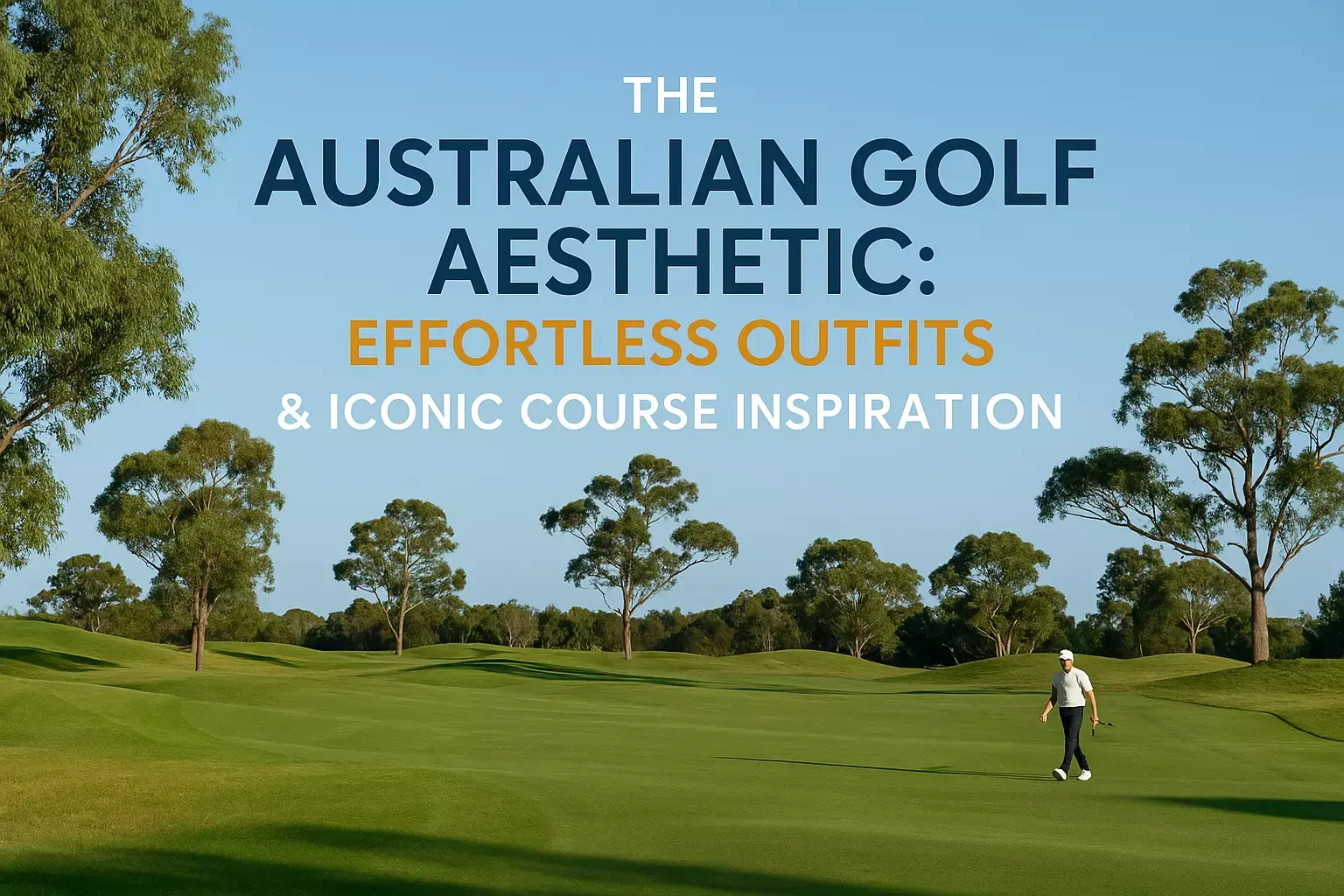 A golfer walks on a green course with trees, under text about Australian golf style and course inspiration.