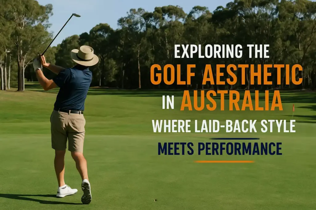 A golfer swings on a sunny course; text discusses golf style and performance in Australia.
