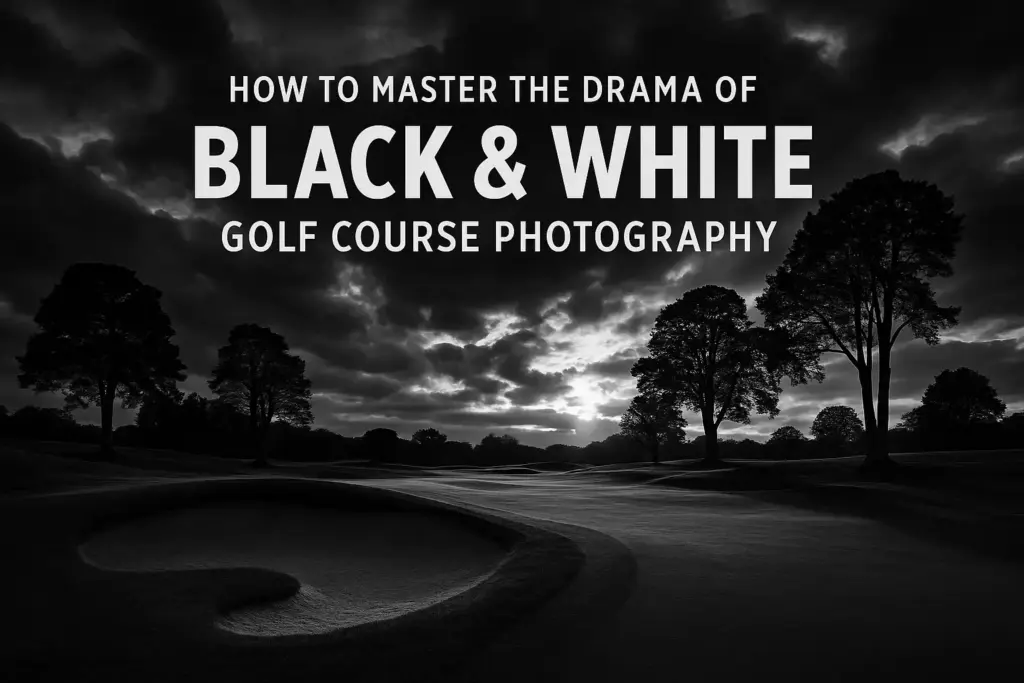 Dramatic black and white photo of a golf course with bold title text about golf course photography.
