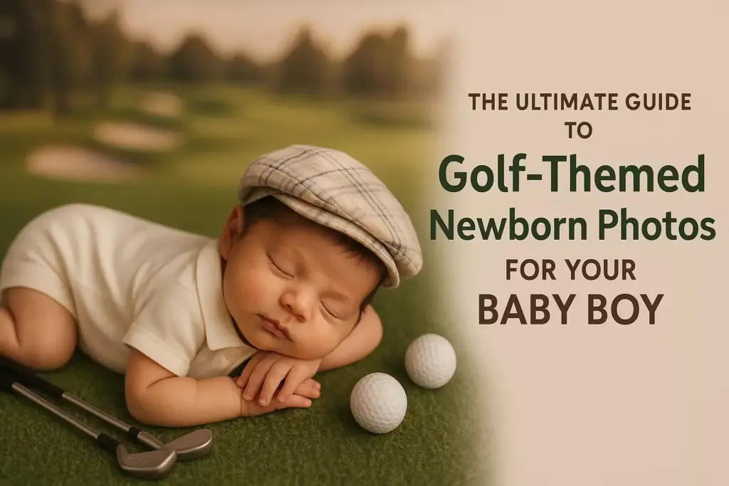 Newborn baby boy in golf outfit sleeps next to golf balls and clubs on a green, with text about golf-themed photos.